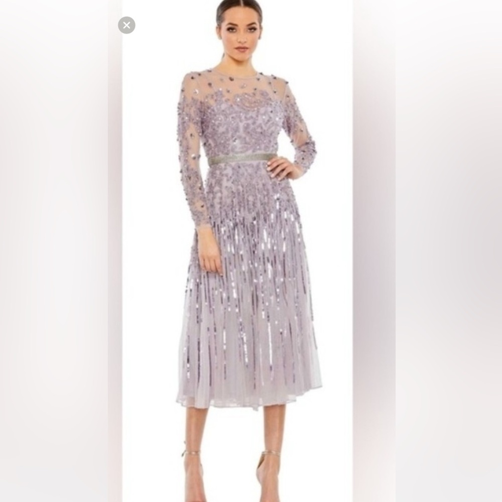Mac Duggal Lavender Beaded Long-Sleeve Evening Gown